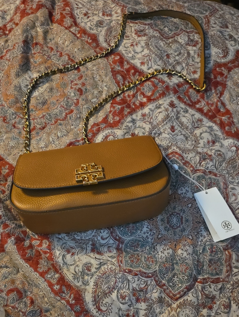 Tory Burch Tan Pebbled Leather Chain Crossbody with Gold Hardware